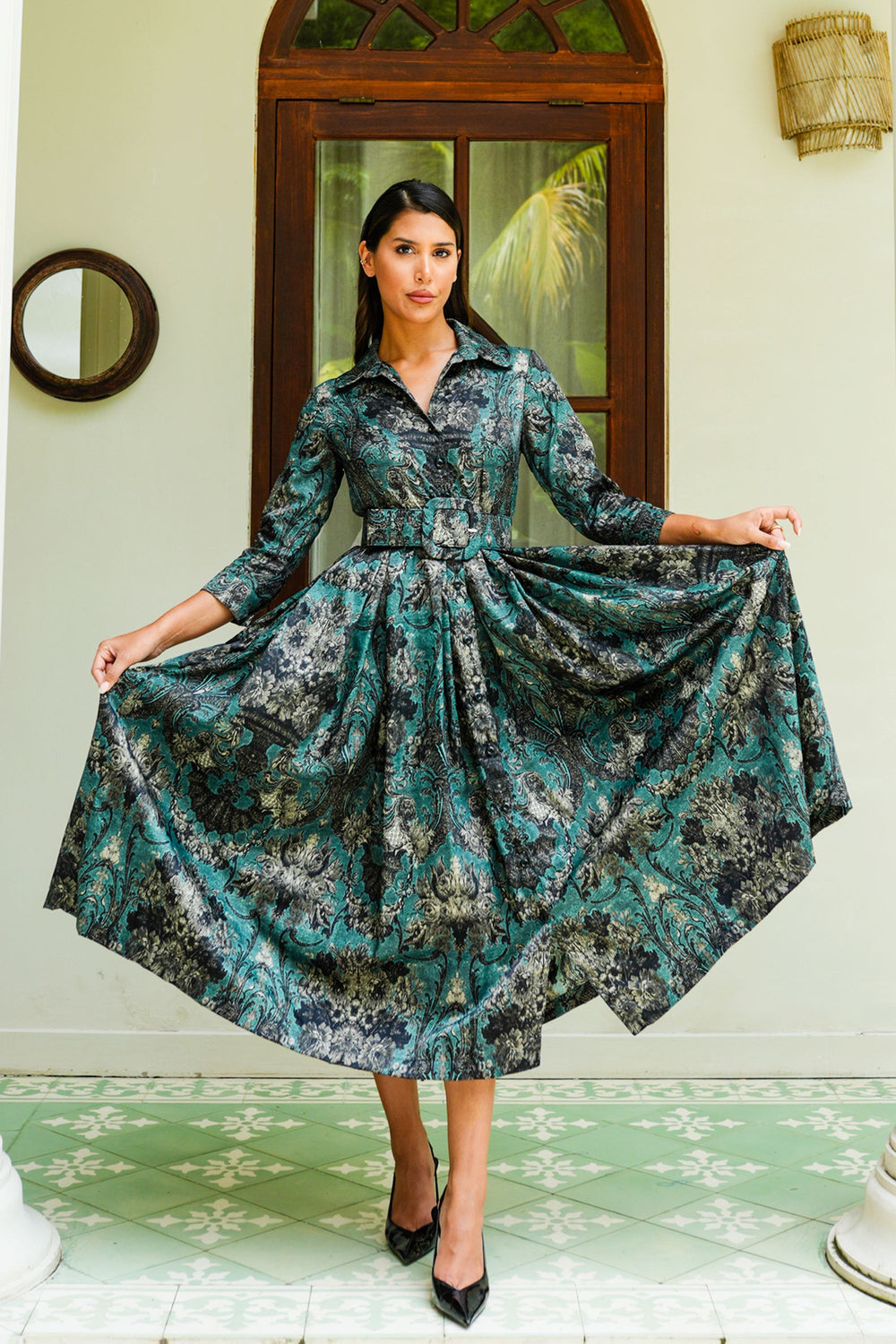 Audrey Dress #7 Shirt Collar 3/4 Sleeve Midi Plus Length Poliamide Taffta (Firenze Velvet Dusty)