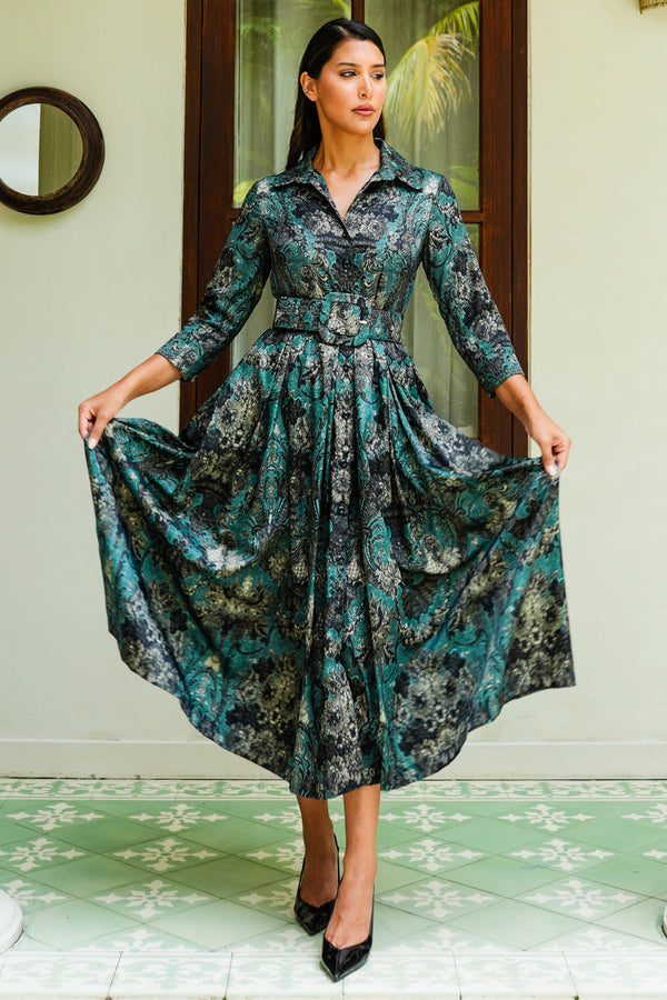 Audrey Dress #7 Shirt Collar 3/4 Sleeve Midi Plus Length Poliamide Taffta (Firenze Velvet Dusty)