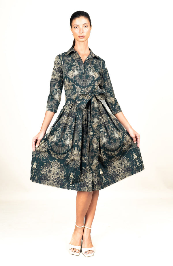 Audrey Dress #1 Shirt Collar 3/4 Sleeve Long Length Cotton Stretch (Firenze Dark)