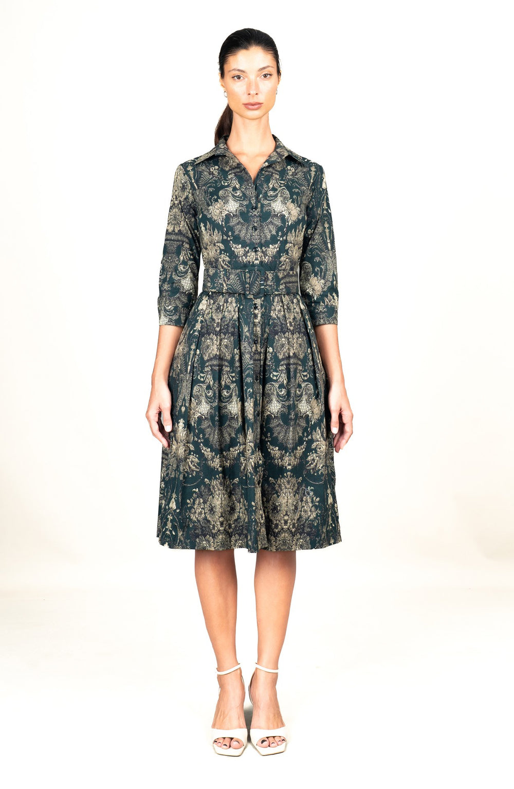 Audrey Dress #1 Shirt Collar 3/4 Sleeve Long Length Cotton Stretch (Firenze Dark)