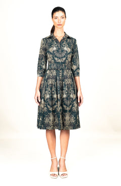 Audrey Dress #1 Shirt Collar 3/4 Sleeve Long Length Cotton Stretch (Firenze Dark)