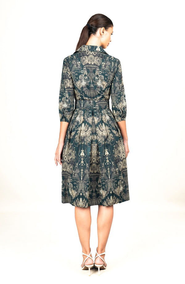 Audrey Dress #1 Shirt Collar 3/4 Sleeve Long Length Cotton Stretch (Firenze Dark)