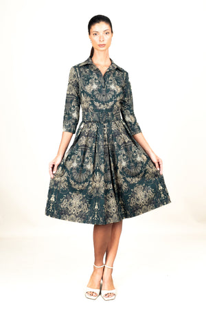 Audrey Dress #1 Shirt Collar 3/4 Sleeve Long Length Cotton Stretch (Firenze Dark)