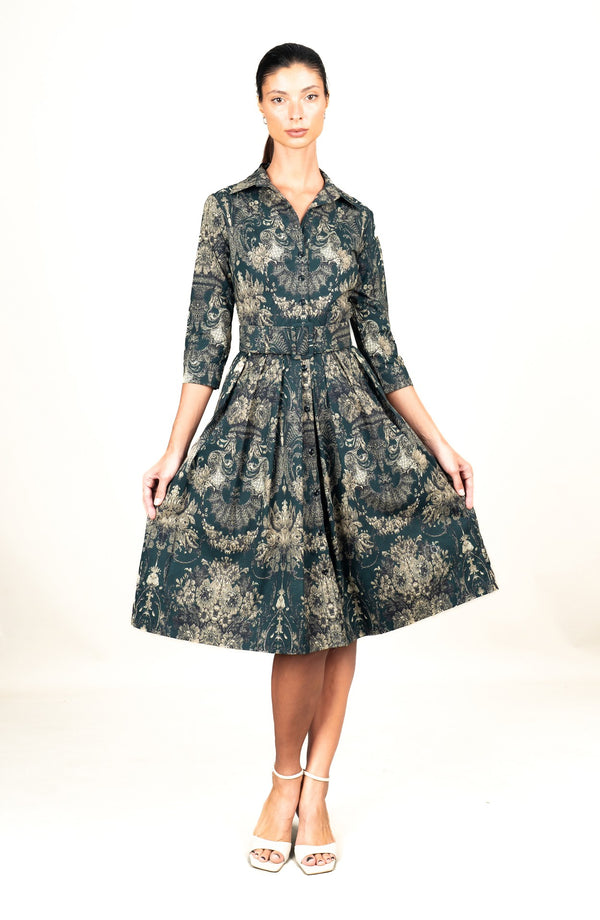 Audrey Dress #1 Shirt Collar 3/4 Sleeve Long Length Cotton Stretch (Firenze Dark)