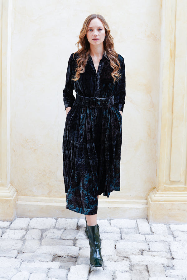 Audrey Dress #3 Shirt Collar 3/4 Sleeve Midi Length Silk Velvet (Firenze Velvet)