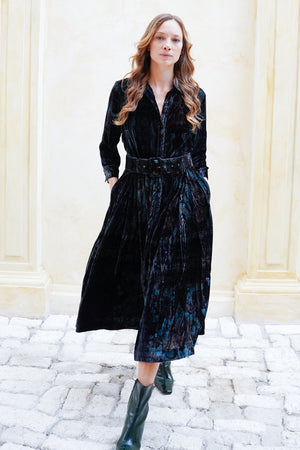 Audrey Dress #3 Shirt Collar 3/4 Sleeve Midi Length Silk Velvet (Firenze Velvet)