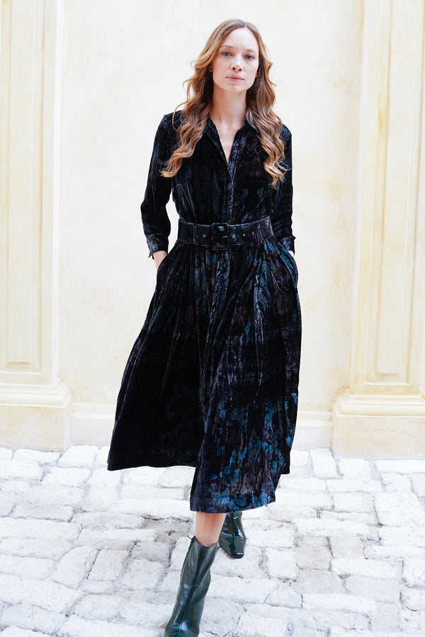 Audrey Dress #3 Shirt Collar 3/4 Sleeve Midi Length Silk Velvet (Firenze Velvet)