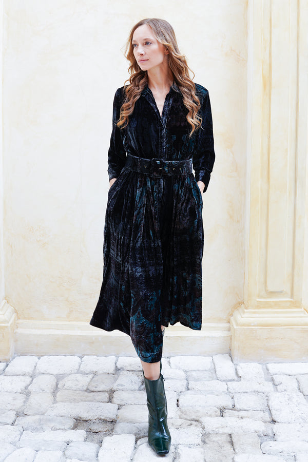 Audrey Dress #3 Shirt Collar 3/4 Sleeve Midi Length Silk Velvet (Firenze Velvet)