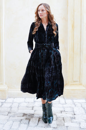 Audrey Dress #3 Shirt Collar 3/4 Sleeve Midi Length Silk Velvet (Firenze Velvet)