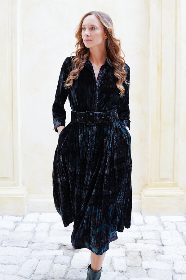 Audrey Dress #3 Shirt Collar 3/4 Sleeve Midi Length Silk Velvet (Firenze Velvet)