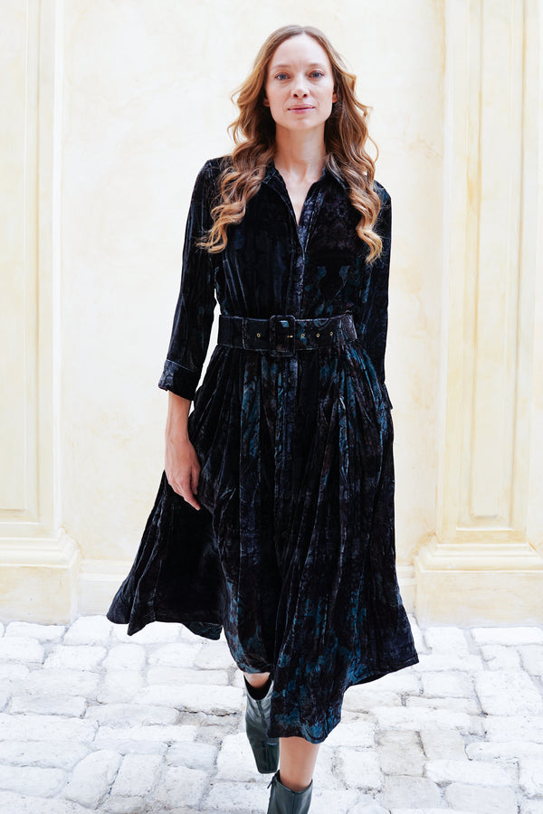 Audrey Dress #3 Shirt Collar 3/4 Sleeve Midi Length Silk Velvet (Firenze Velvet)