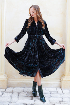 Audrey Dress #3 Shirt Collar 3/4 Sleeve Midi Length Silk Velvet (Firenze Velvet)