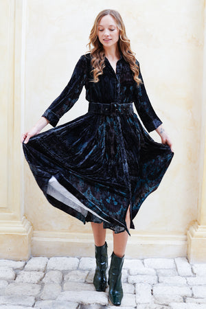 Audrey Dress #3 Shirt Collar 3/4 Sleeve Midi Length Silk Velvet (Firenze Velvet)