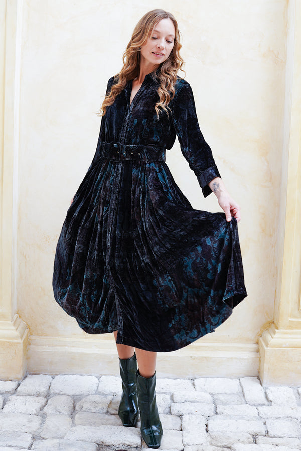Audrey Dress #3 Shirt Collar 3/4 Sleeve Midi Length Silk Velvet (Firenze Velvet)