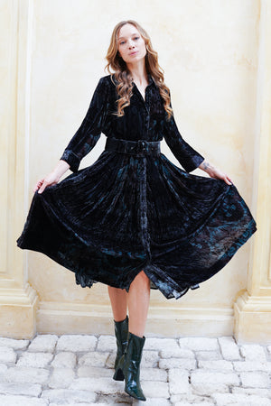 Audrey Dress #3 Shirt Collar 3/4 Sleeve Midi Length Silk Velvet (Firenze Velvet)