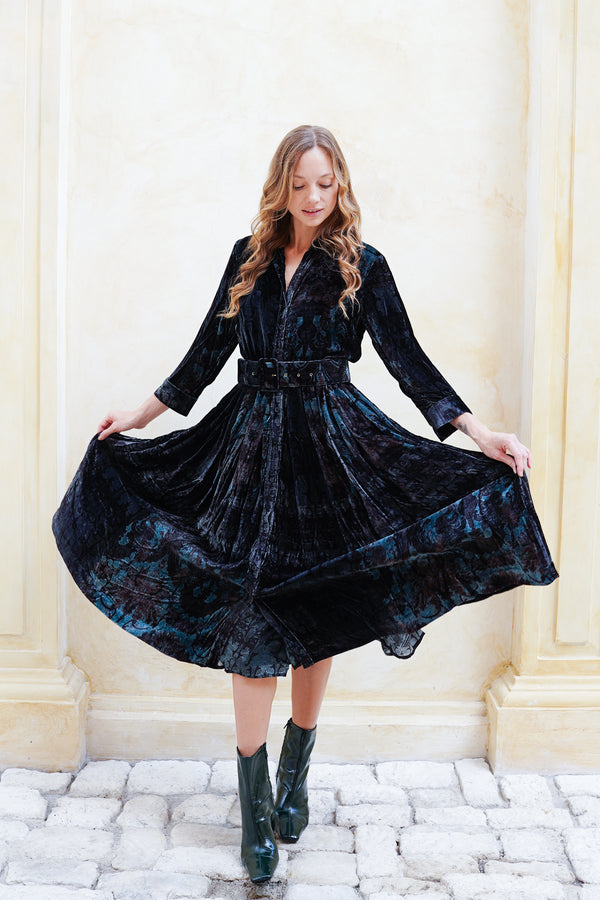 Audrey Dress #3 Shirt Collar 3/4 Sleeve Midi Length Silk Velvet (Firenze Velvet)