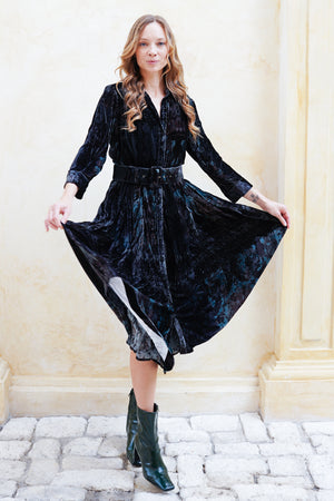 Audrey Dress #3 Shirt Collar 3/4 Sleeve Midi Length Silk Velvet (Firenze Velvet)