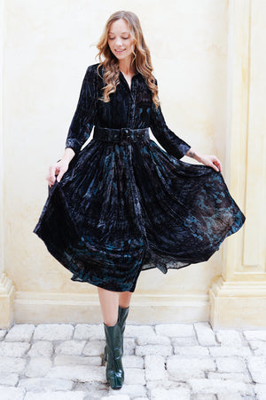 Audrey Dress #3 Shirt Collar 3/4 Sleeve Midi Length Silk Velvet (Firenze Velvet)