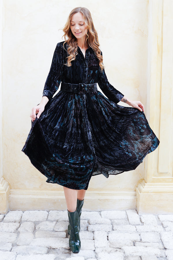 Audrey Dress #3 Shirt Collar 3/4 Sleeve Midi Length Silk Velvet (Firenze Velvet)