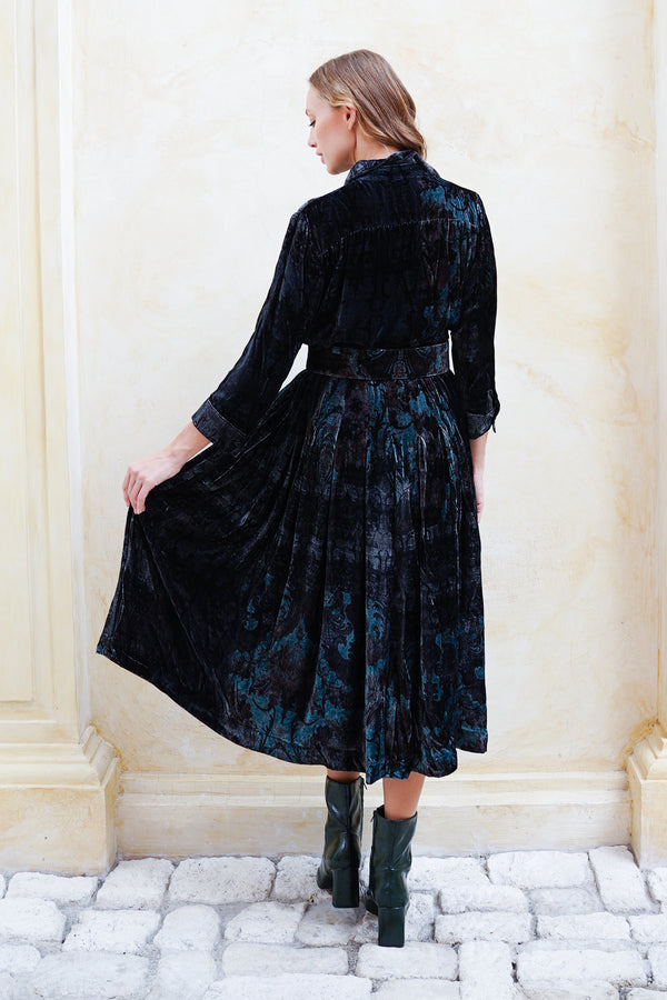 Audrey Dress #3 Shirt Collar 3/4 Sleeve Midi Length Silk Velvet (Firenze Velvet)