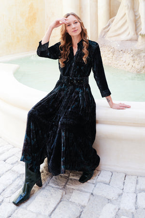 Audrey Dress #3 Shirt Collar 3/4 Sleeve Midi Length Silk Velvet (Firenze Velvet)