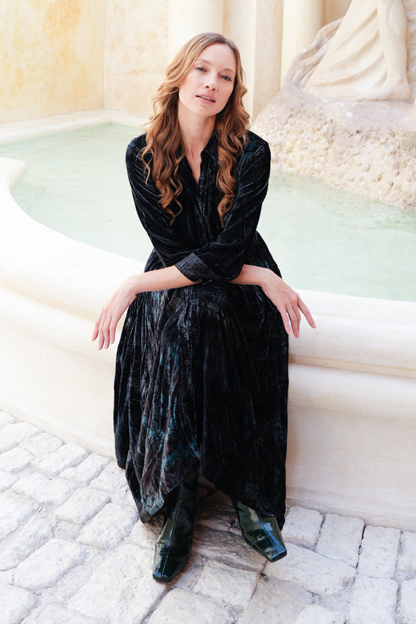 Audrey Dress #3 Shirt Collar 3/4 Sleeve Midi Length Silk Velvet (Firenze Velvet)