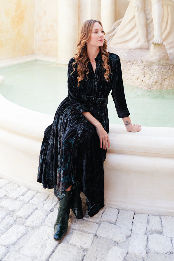 Audrey Dress #3 Shirt Collar 3/4 Sleeve Midi Length Silk Velvet (Firenze Velvet)