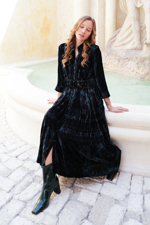 Audrey Dress #3 Shirt Collar 3/4 Sleeve Midi Length Silk Velvet (Firenze Velvet)