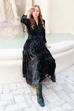 Audrey Dress #3 Shirt Collar 3/4 Sleeve Midi Length Silk Velvet (Firenze Velvet)