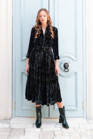 Audrey Dress #3 Shirt Collar 3/4 Sleeve Midi Length Silk Velvet (Firenze Velvet)