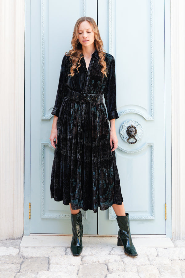 Audrey Dress #3 Shirt Collar 3/4 Sleeve Midi Length Silk Velvet (Firenze Velvet)