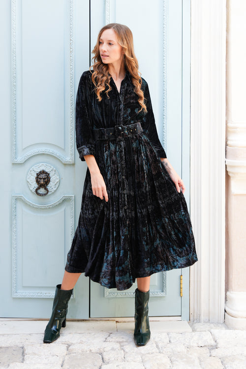 Audrey Dress #3 Shirt Collar 3/4 Sleeve Midi Length Silk Velvet (Firenze Velvet)