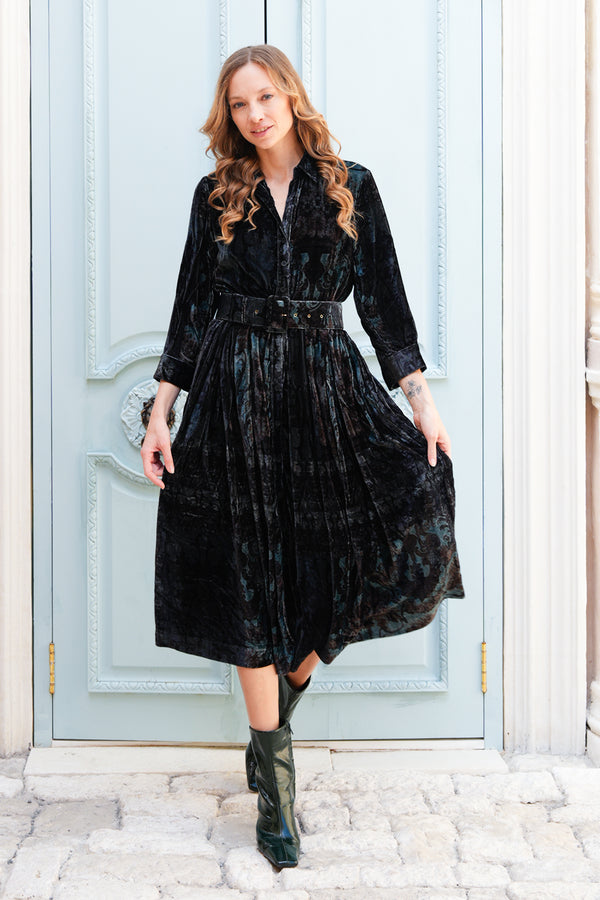 Audrey Dress #3 Shirt Collar 3/4 Sleeve Midi Length Silk Velvet (Firenze Velvet)