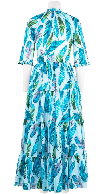 Eva Dress Crew Neck 3/4 Sleeve Maxi Length Cotton Musola (Floating Feather Pastel)