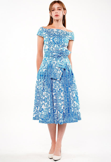 Florance Dress #2 High Off Shoulder Band Sleeve Long Length Cotton Stretch (Casanova Bandana)