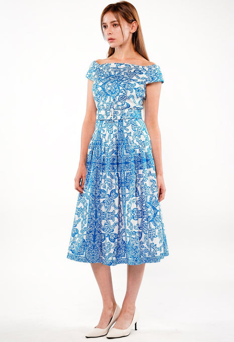 Florance Dress #2 High Off Shoulder Band Sleeve Long Length Cotton Stretch (Casanova Bandana)