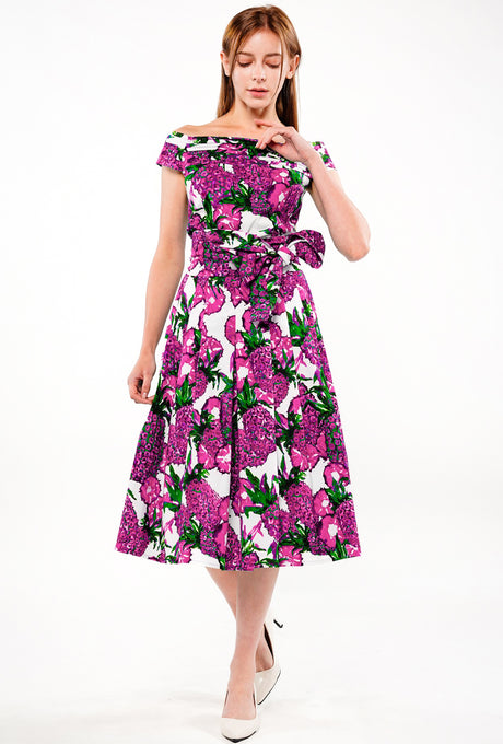 Florance Dress #2 High Off Shoulder Band Sleeve Long Length Cotton Stretch (Pineapple Tree)