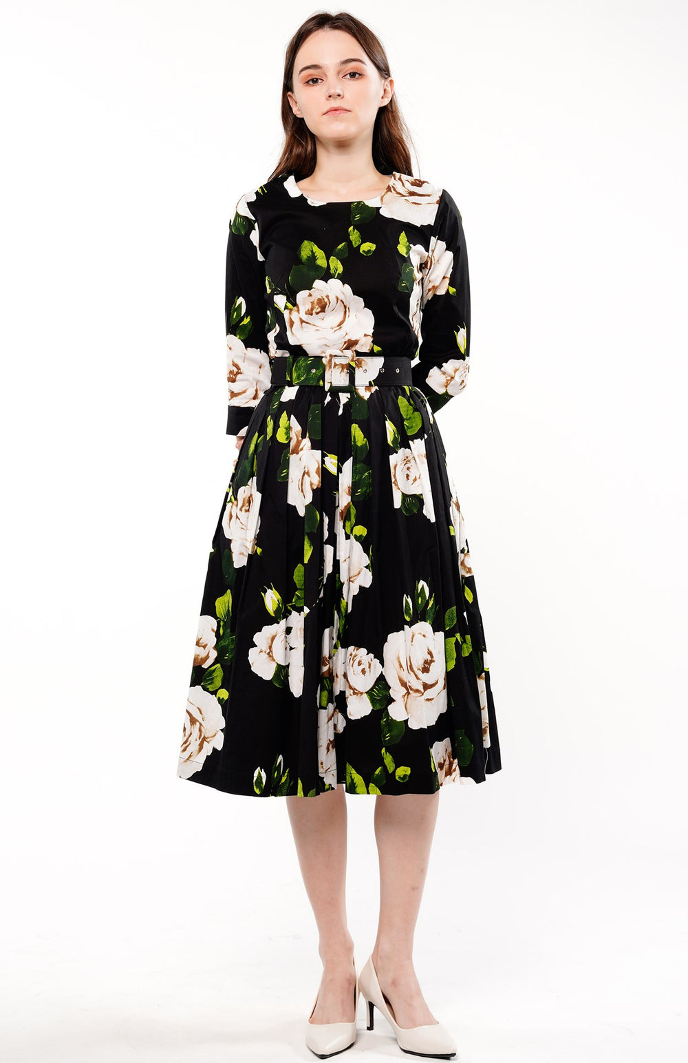 Florance Dress Crew Neck 3/4 Sleeve Long Length Cotton Musola (Amber Queen)