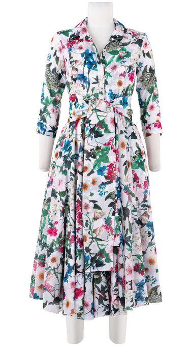 Aster Dress Shirt Collar 3/4 Sleeve Midi Length Cotton Musola (Florentine Flowers Small)