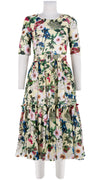 Melanie Dress #1 Crew Neck 1/2 Sleeve Midi Length Linen (Florentine Flowers Small)