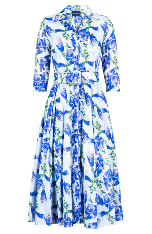 Aster Dress Shirt Collar 3/4 Sleeve Midi Length Ramie (Fox Glove Flower Pastel)