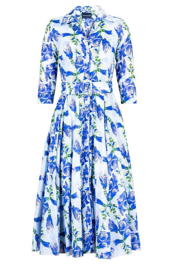 Aster Dress Shirt Collar 3/4 Sleeve Midi Length Ramie (Fox Glove Flower Pastel)