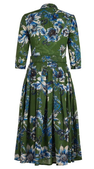 Audrey Dress #4 Shirt Collar 3/4 Sleeve Midi Length Wool Musola (Flower Luxembrug Ivory)
