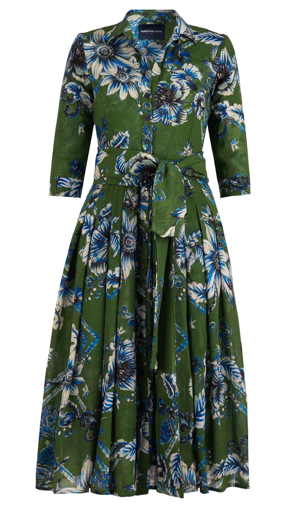 Audrey Dress #4 Shirt Collar 3/4 Sleeve Midi Length Wool (Flower Luxembrug Ivory) - Sap Green Ivory