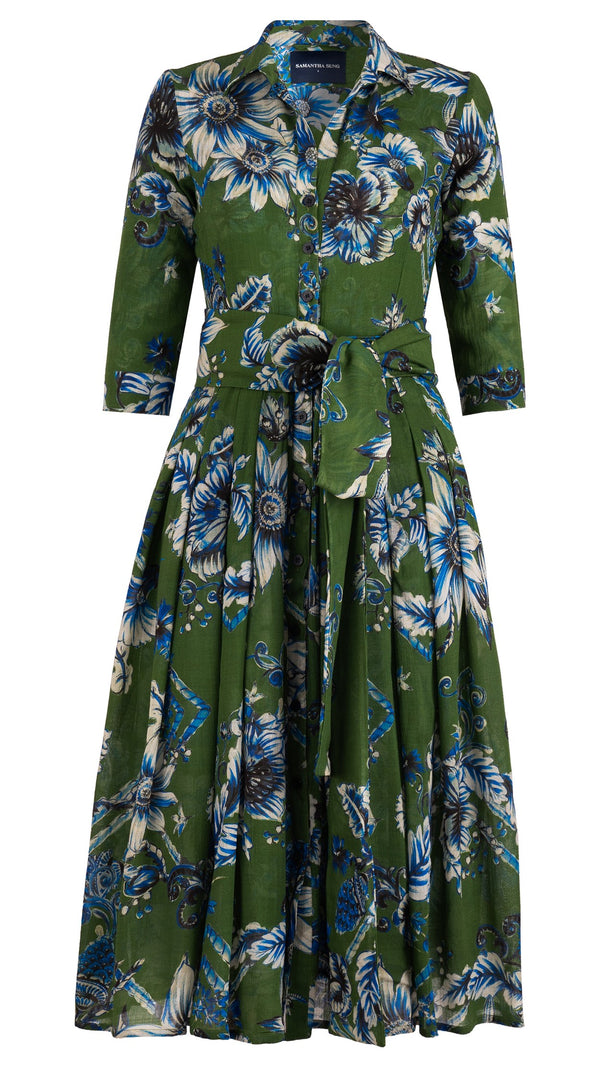 Audrey Dress #4 Shirt Collar 3/4 Sleeve Midi Length Wool Musola (Flower Luxembrug Ivory)