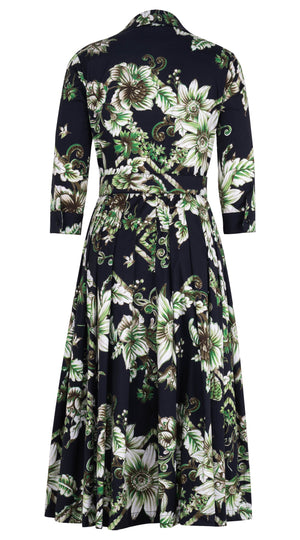 Audrey Dress #4 Shirt Collar 3/4 Sleeve Midi Length Cotton Stretch (Flower Luxembrug Ivory)