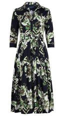 Audrey Dress #4 Shirt Collar 3/4 Sleeve Midi Length Cotton Stretch (Flower Luxembrug Ivory)
