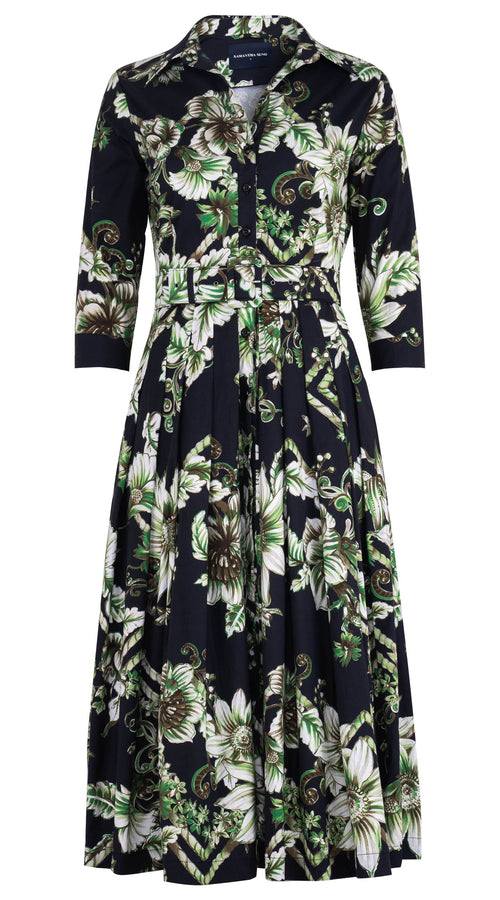 Audrey Dress #4 Shirt Collar 3/4 Sleeve Midi Length Cotton Stretch (Flower Luxembrug Ivory)
