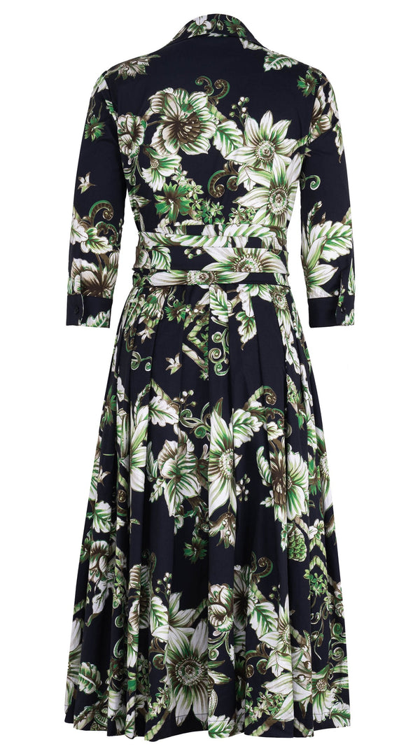 Audrey Dress #4 Shirt Collar 3/4 Sleeve Midi Length Cotton Stretch (Flower Luxembrug Ivory)