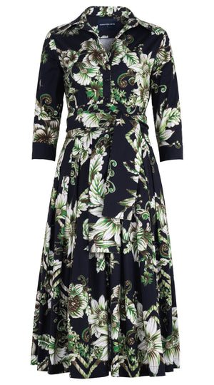 Audrey Dress #4 Shirt Collar 3/4 Sleeve Midi Length Cotton Stretch (Flower Luxembrug Ivory)